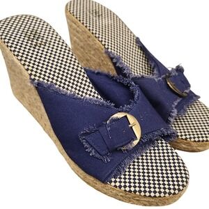 Earth Collection Wedge Espadrille Sandals Blue Denim Frayed Buckle DetailSize 40
